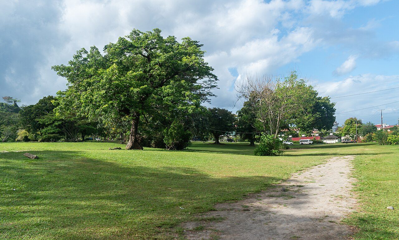 Lawns and trees in the Dominica Botanical Gardens in Roseau