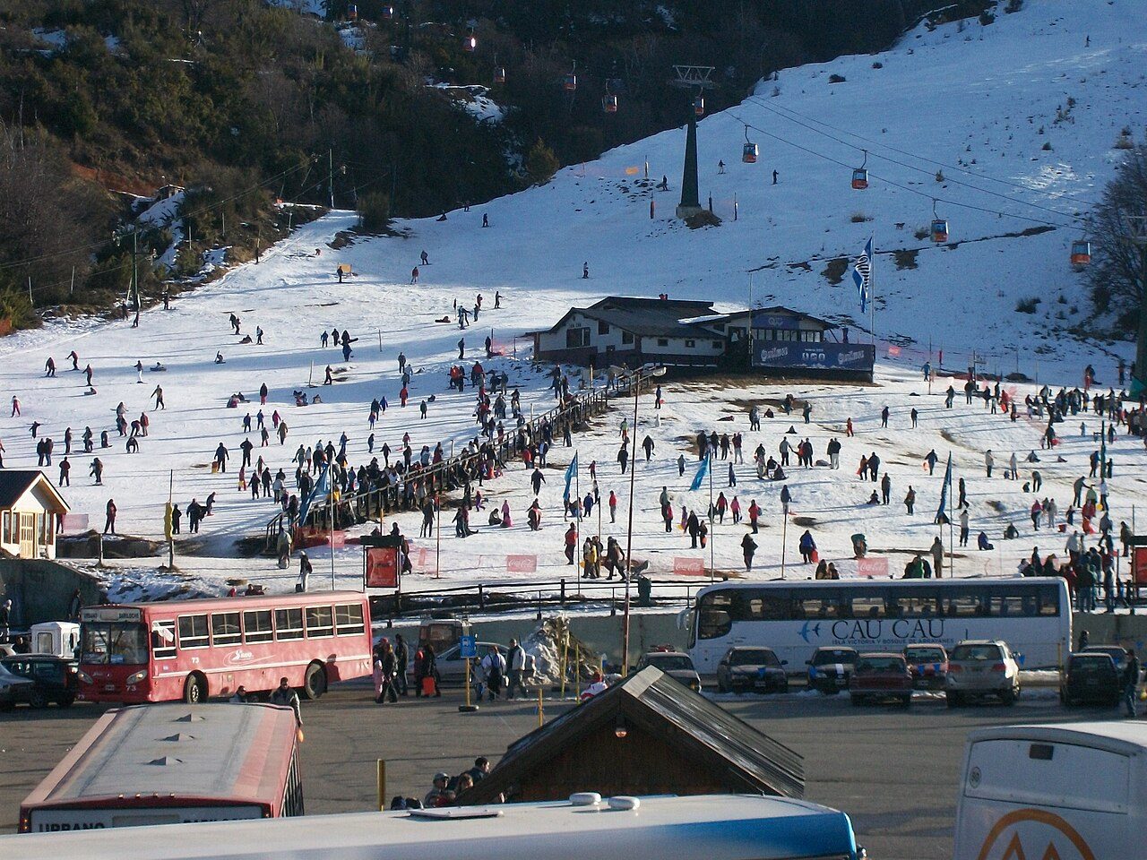 Buses and buildings at the base of Cerro Catedral in Bariloche, Patagonia, Argentina
