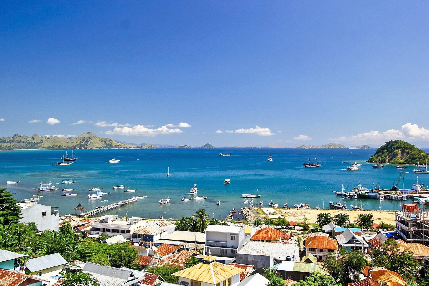 Wooden boats and small ferries moored along a working waterfront, with green hills and low buildings rising behind the harbor