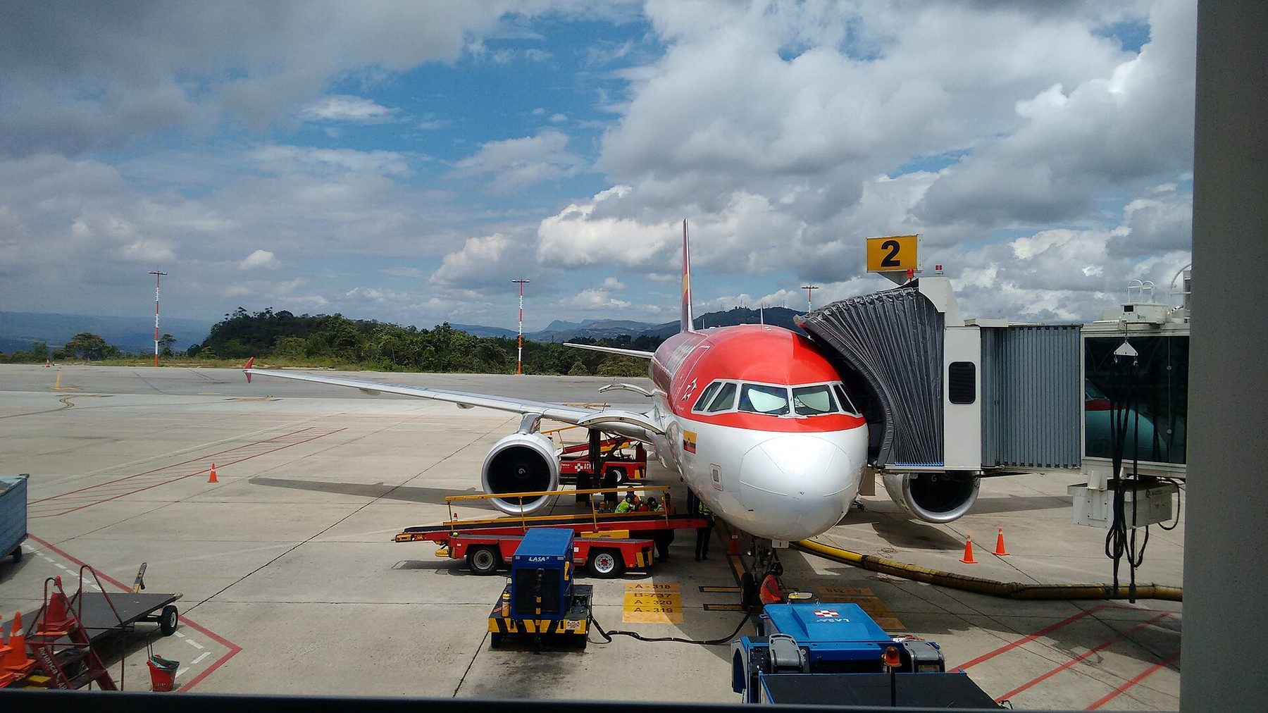 A red and white Avianca Airbus A320 parked at a jet bridge marked gate 2 at Palonegro International Airport in Bucaramanga, with ground crew and a baggage loader at the forward hold and green hills behind