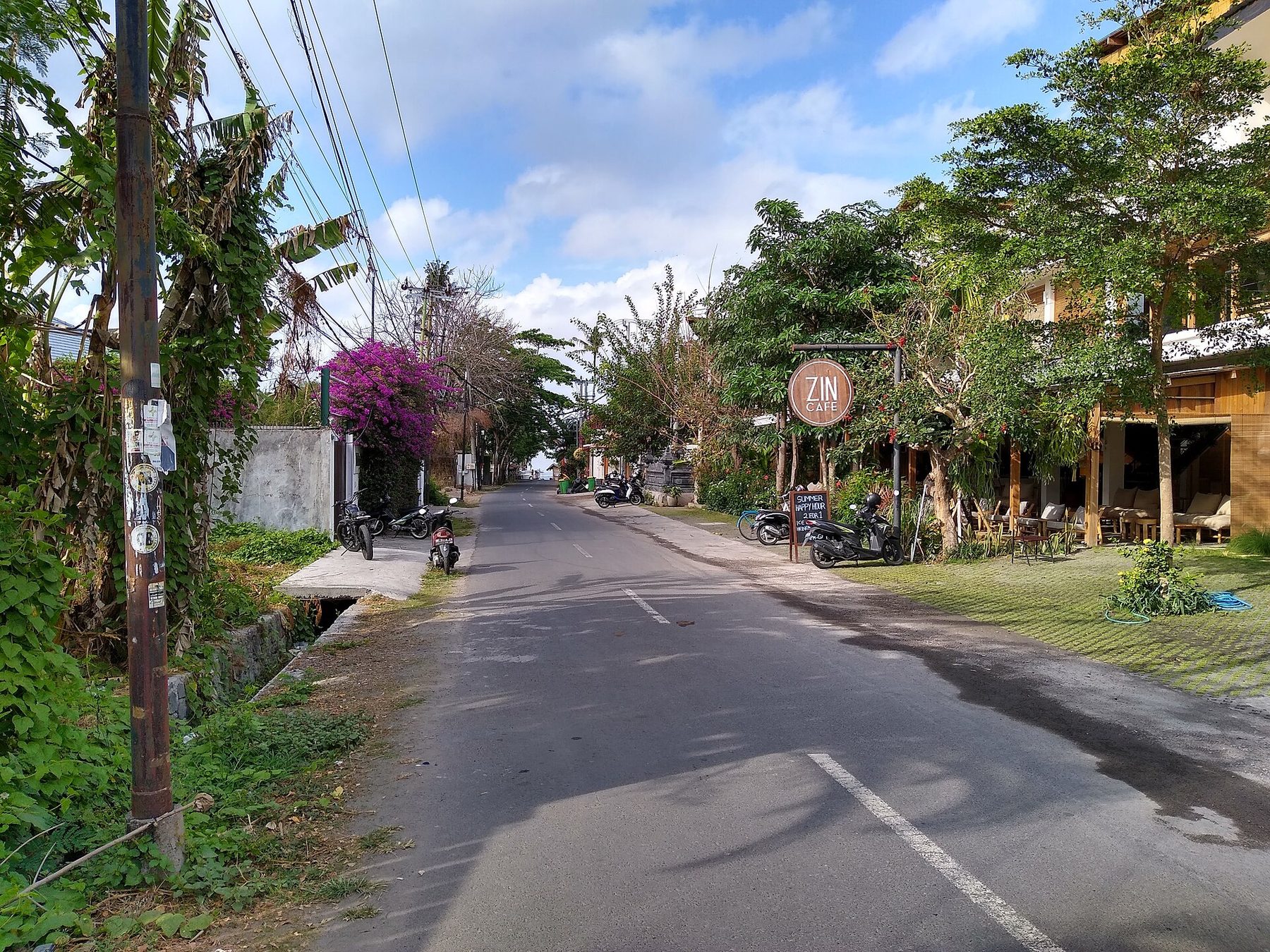 A two-lane street in Canggu lined with trees and bougainvillea, scooters parked outside a cafe with a hand-painted sign, and an empty road running towards the sea