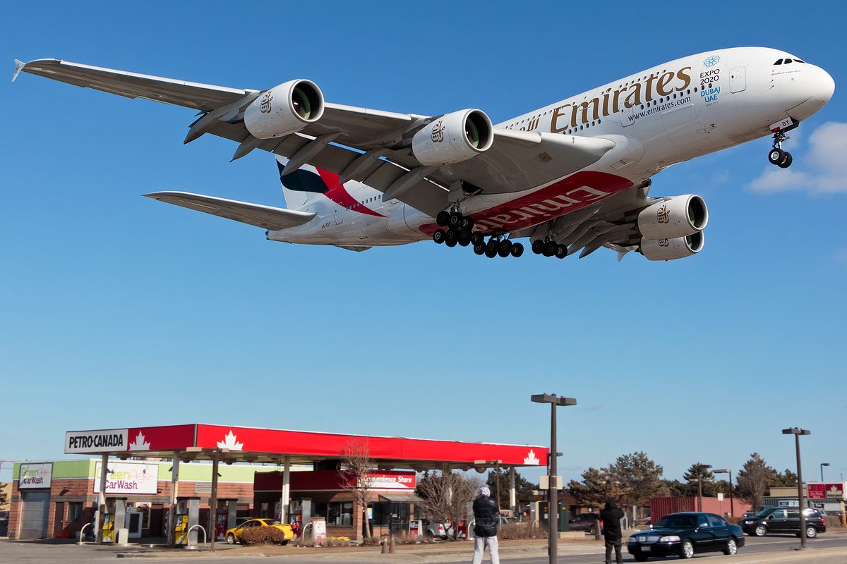 An Emirates Airbus A380 on final approach to runway 23 at Toronto Pearson International Airport