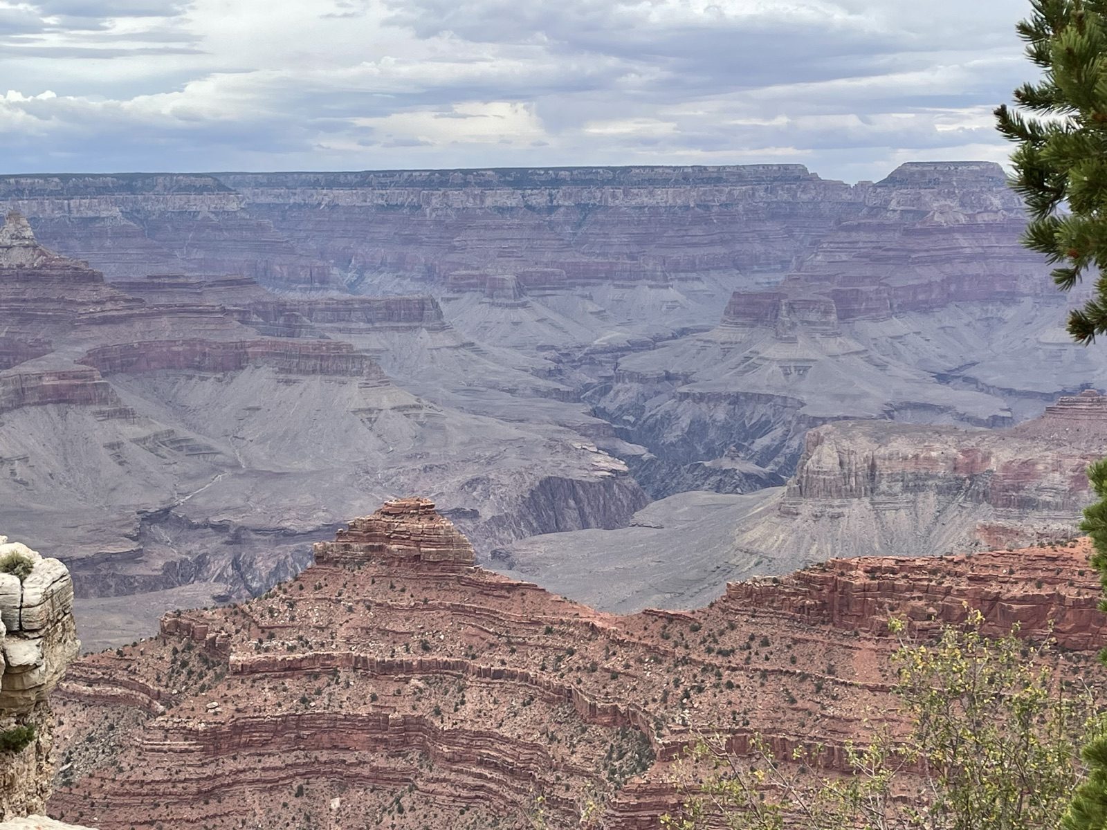 Visitors at a railing on the South Rim look out over the layered red and orange walls of the Grand Canyon under a summer sky