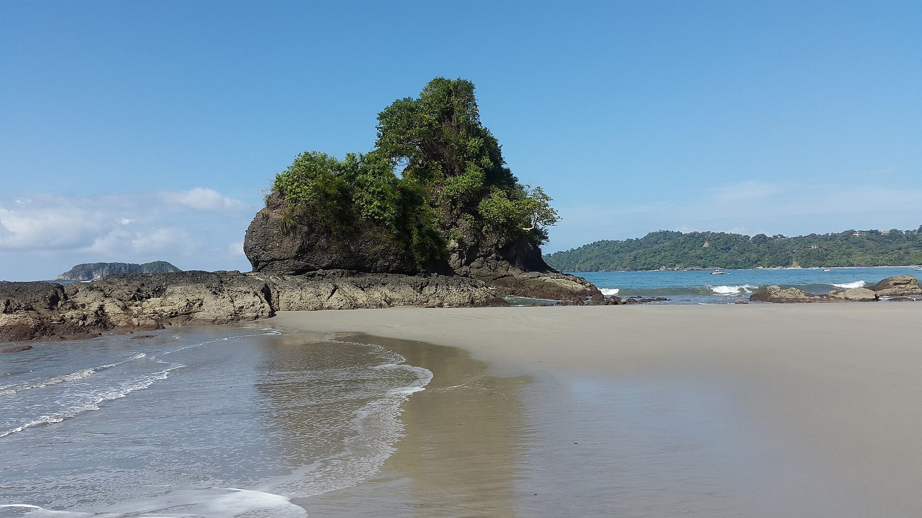 A tall tree-covered rock stack rising from a flat rocky ledge at the end of a pale sand beach in Manuel Antonio National Park, forested hills across the bay
