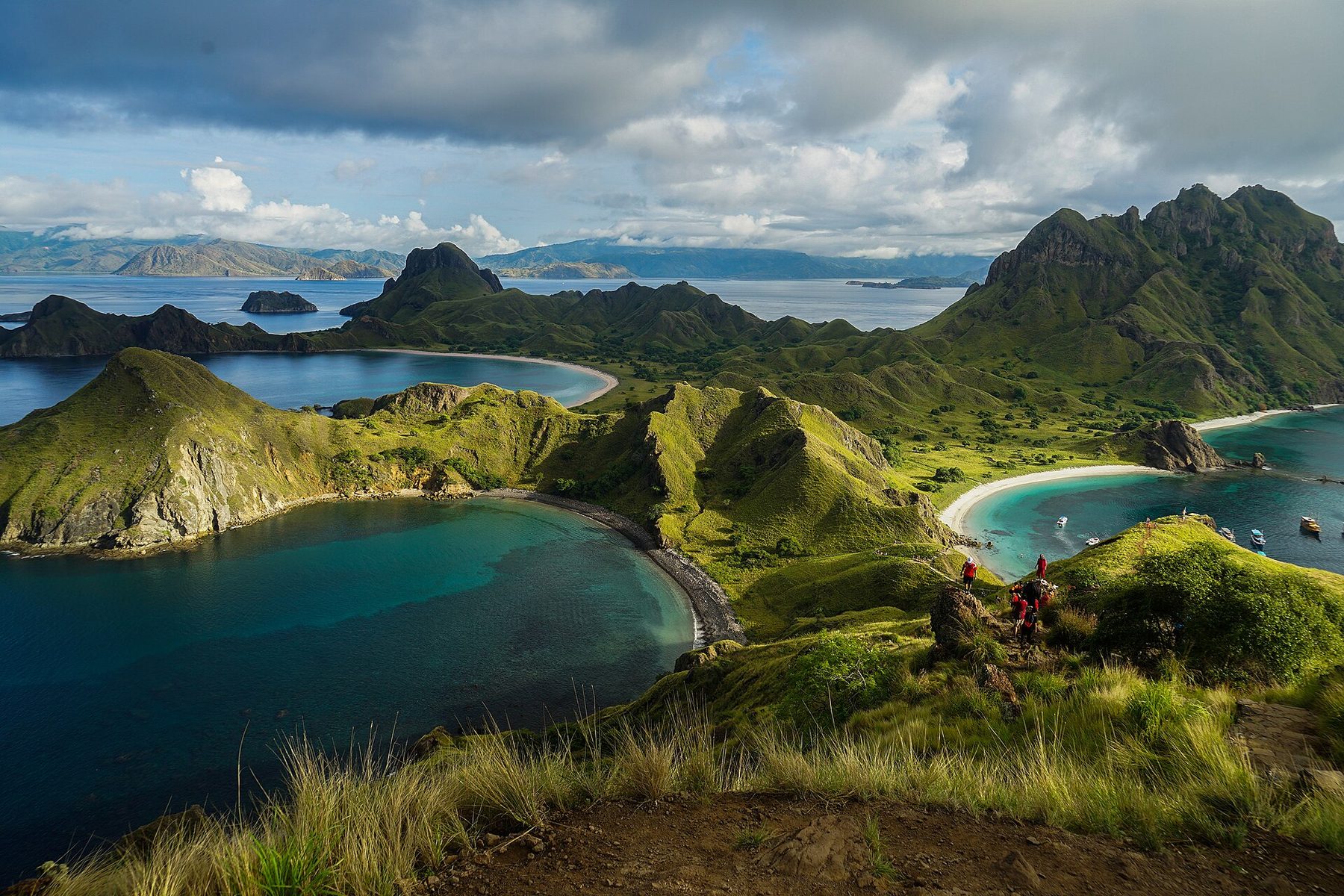 Bare green hills above three curving bays on Padar Island, with pale beaches and open sea beyond