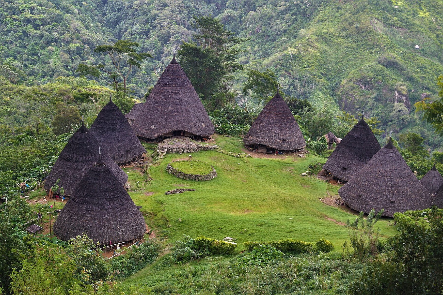 A tall cone-shaped house thatched from its peak down to the ground, with a low doorway and a wooden frame at the entrance