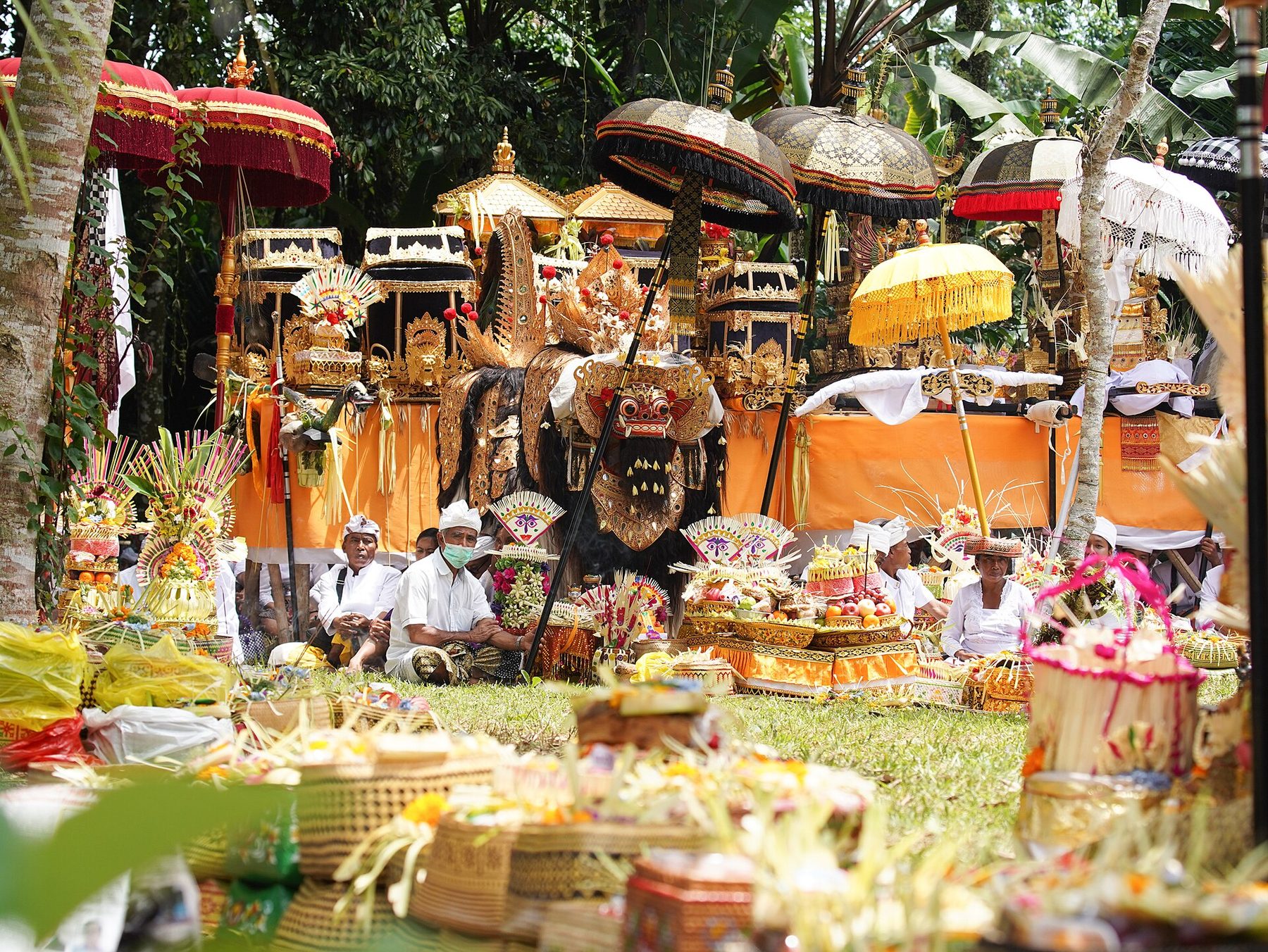 Gilded shrine palanquins and a masked Barong figure stand under fringed ceremonial umbrellas on grass, with tiered fruit and flower offerings in front and people dressed in white seated beside them