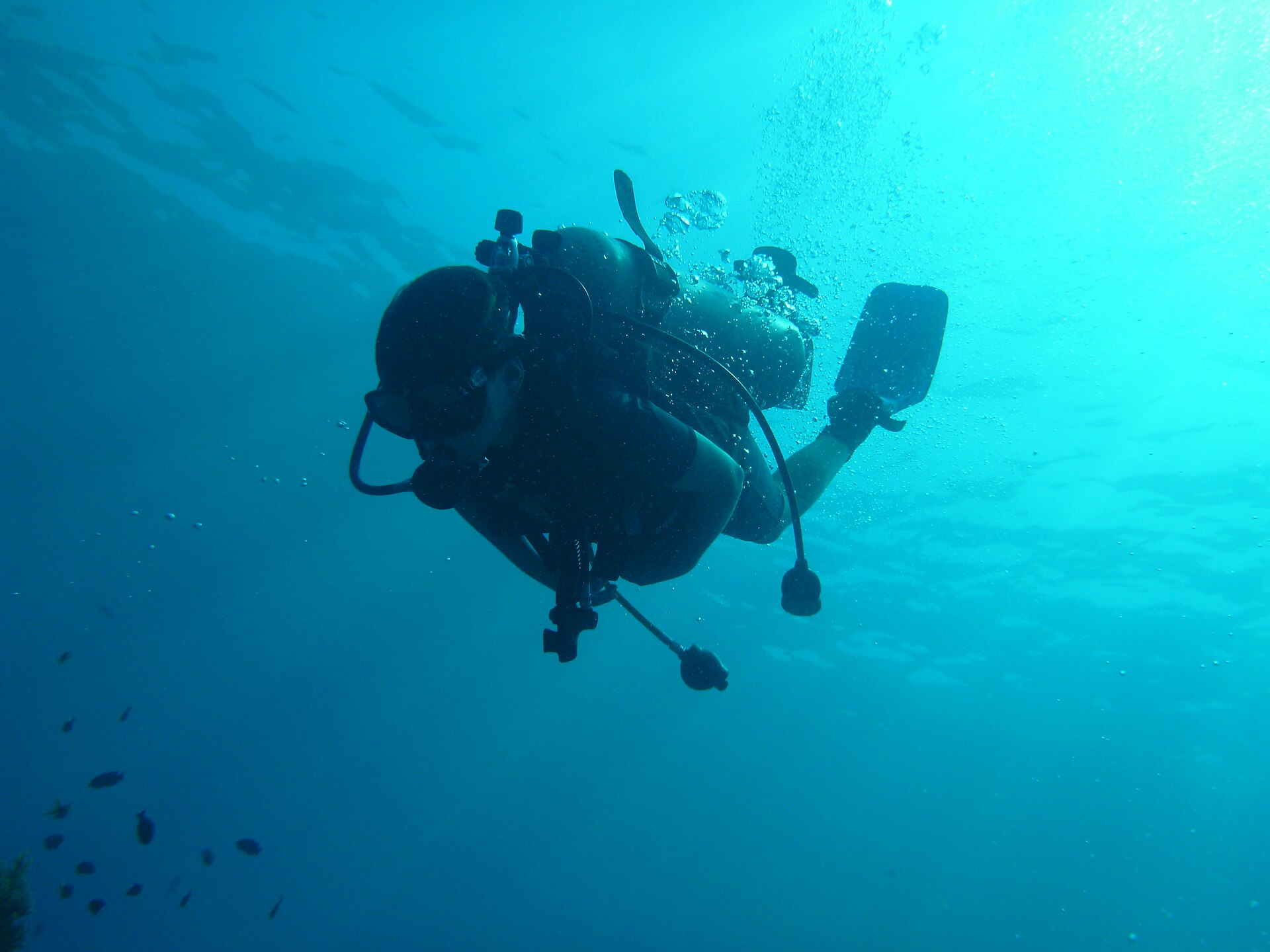 A young diver in full scuba gear swims above pale coral and sand in clear blue water at Crystal Bay, Nusa Penida