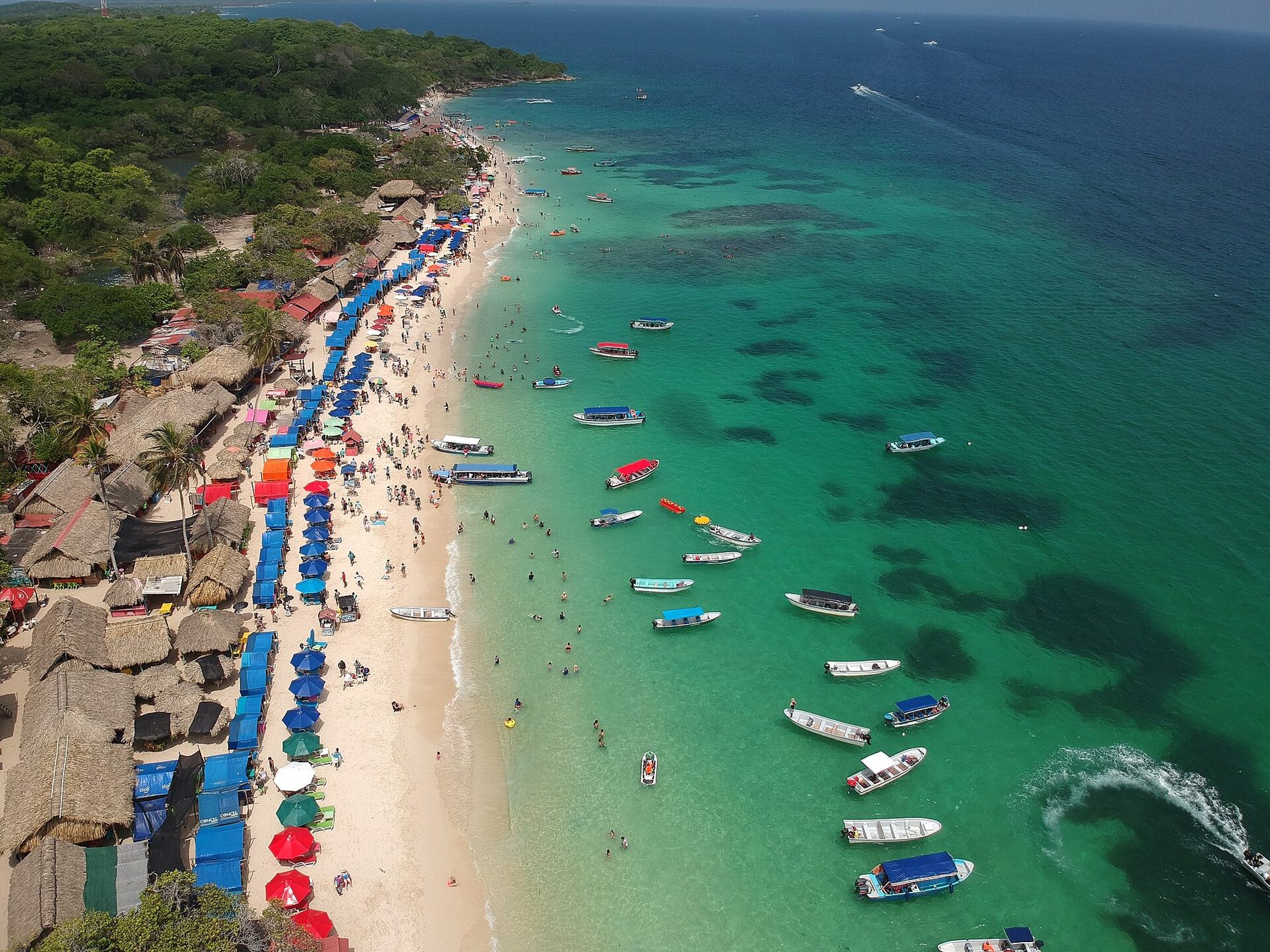 An aerial view of a long white sand beach lined with palm trees and small shelters, with shallow green water along the shore