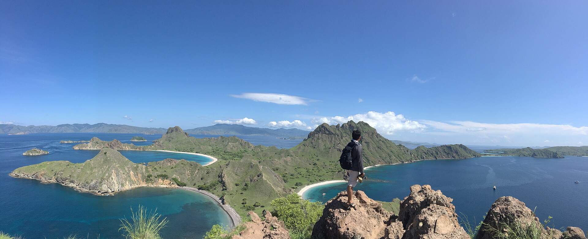 The curving savanna ridgeline of Padar Island above three crescent bays, with dry golden grass in the foreground and blue water below