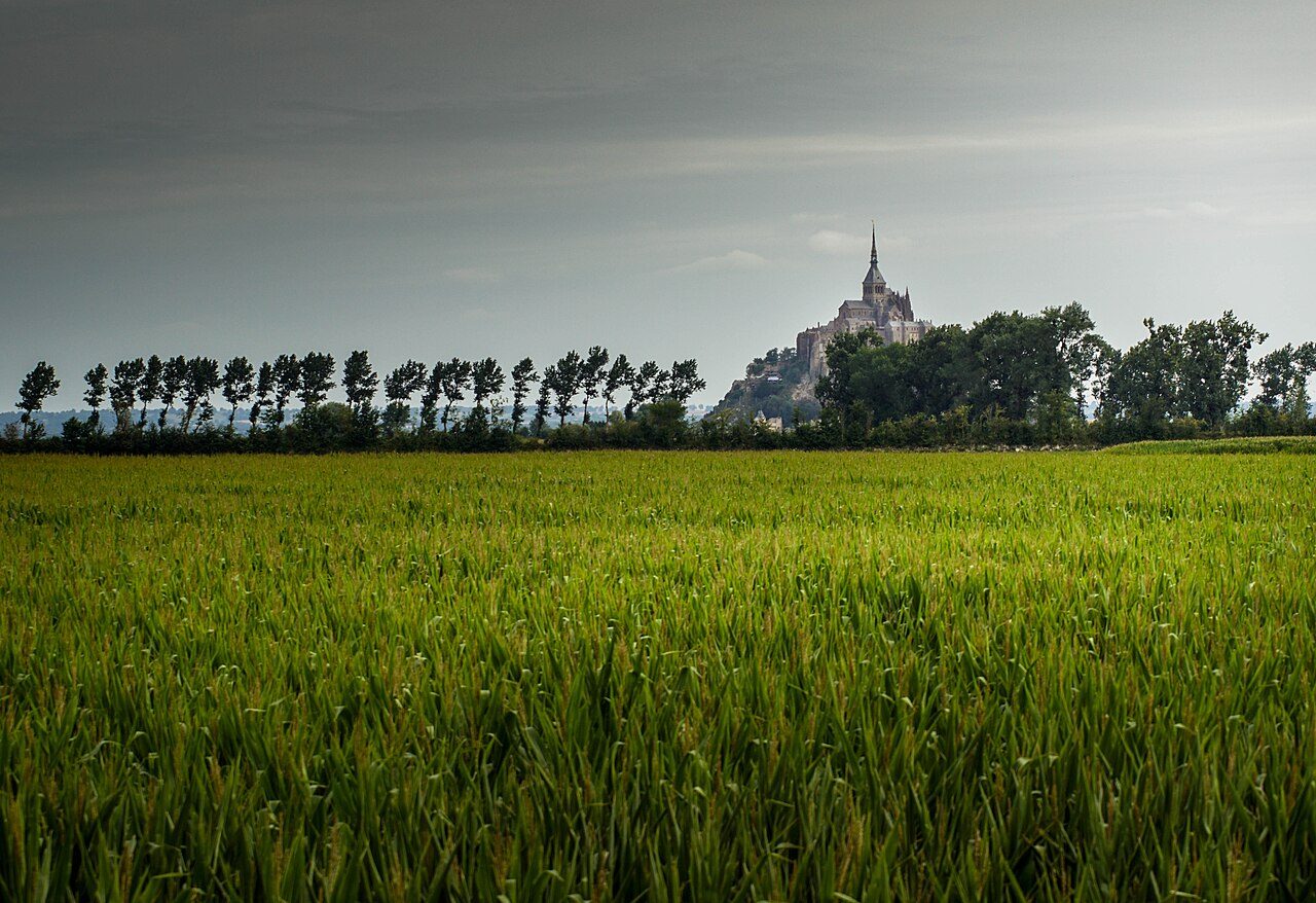Mont-Saint-Michel with the abbey rising above the village in Normandy