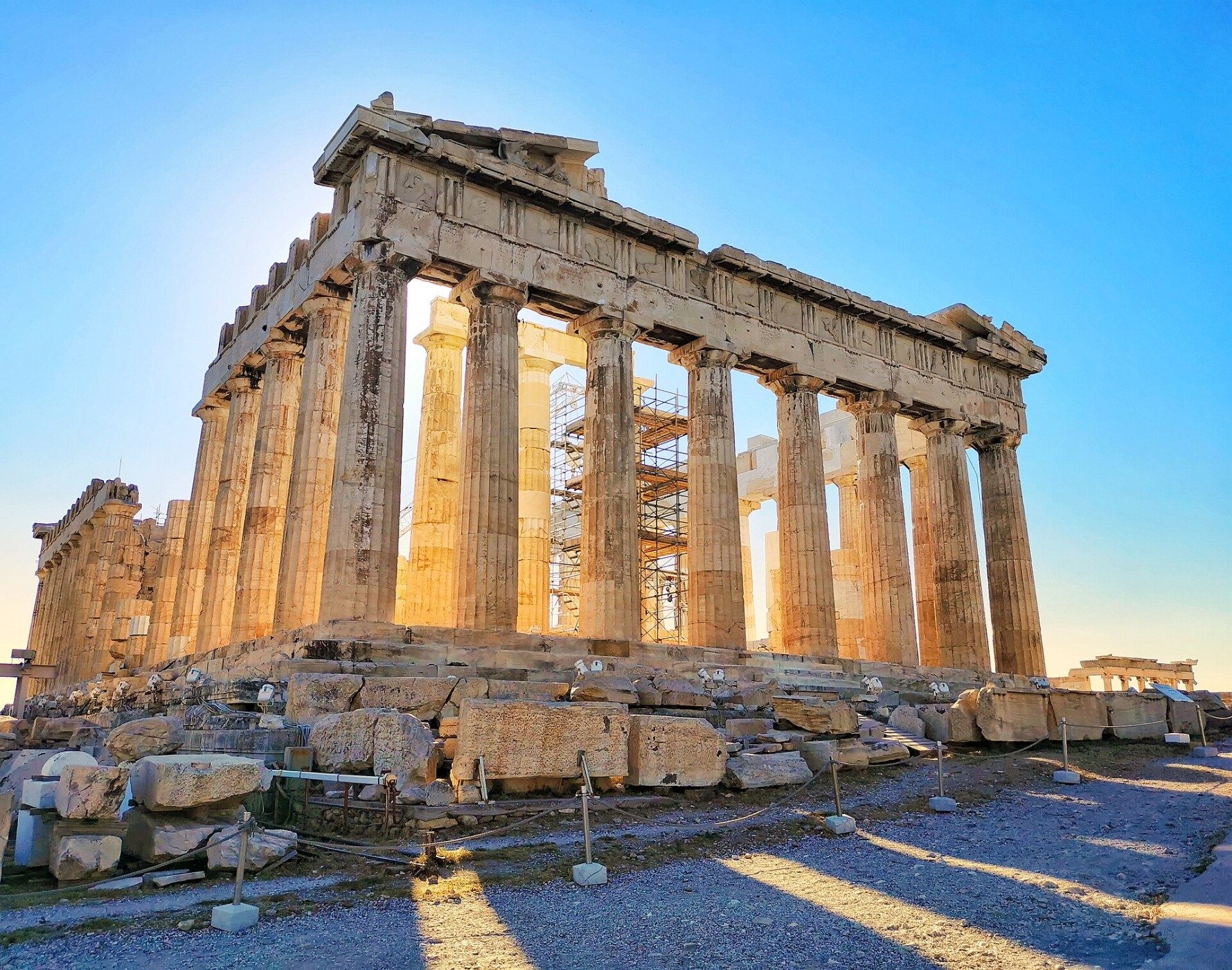 The Parthenon on the Acropolis of Athens with scaffolding beside the columns