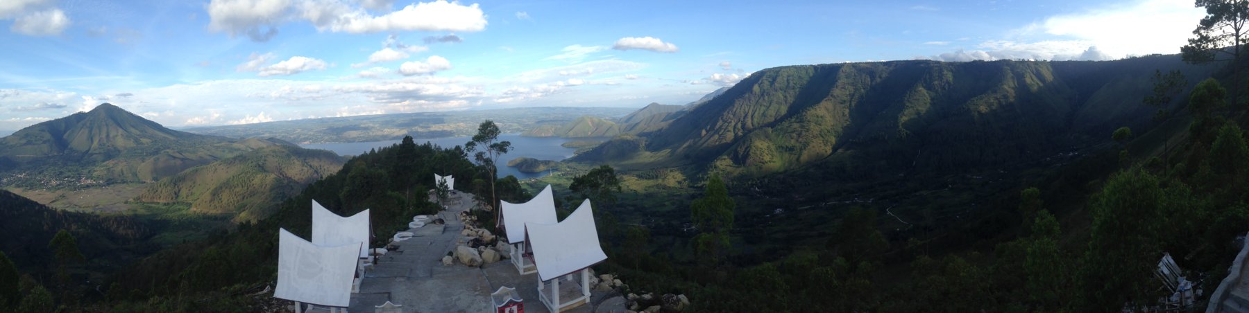 Panoramic view of Lake Toba and the surrounding hills in North Sumatra