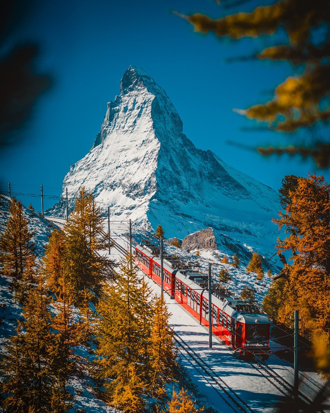 Gornergrat Railway train with the Matterhorn behind it
