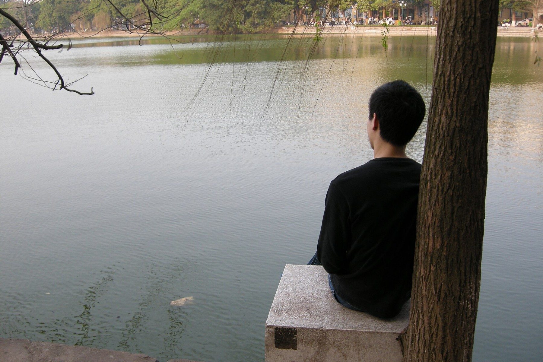 A person sits beside Hoan Kiem Lake in Hanoi, with trees along the water.
