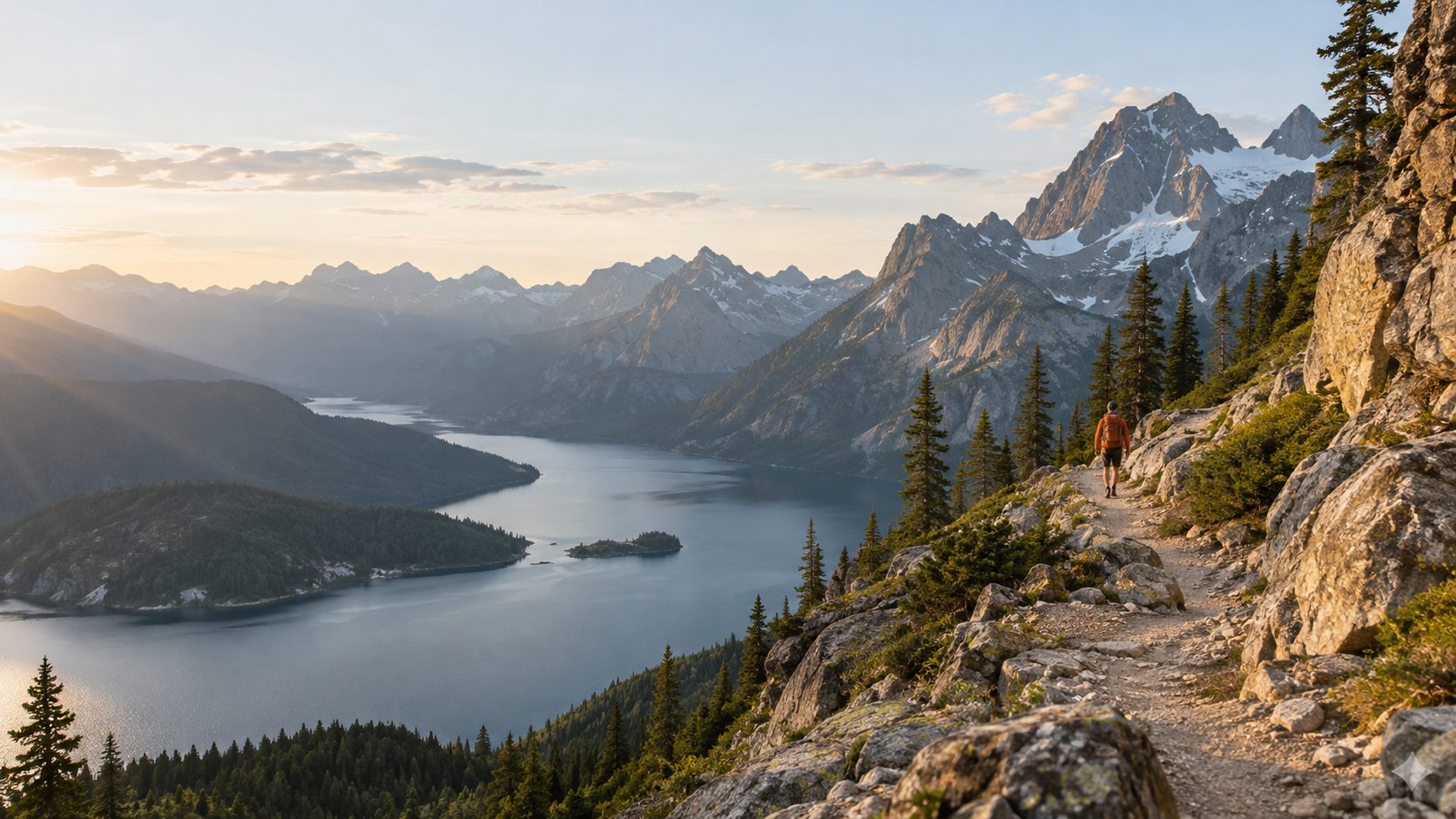 AI-generated illustration of a hiker on a ridge trail above an alpine lake